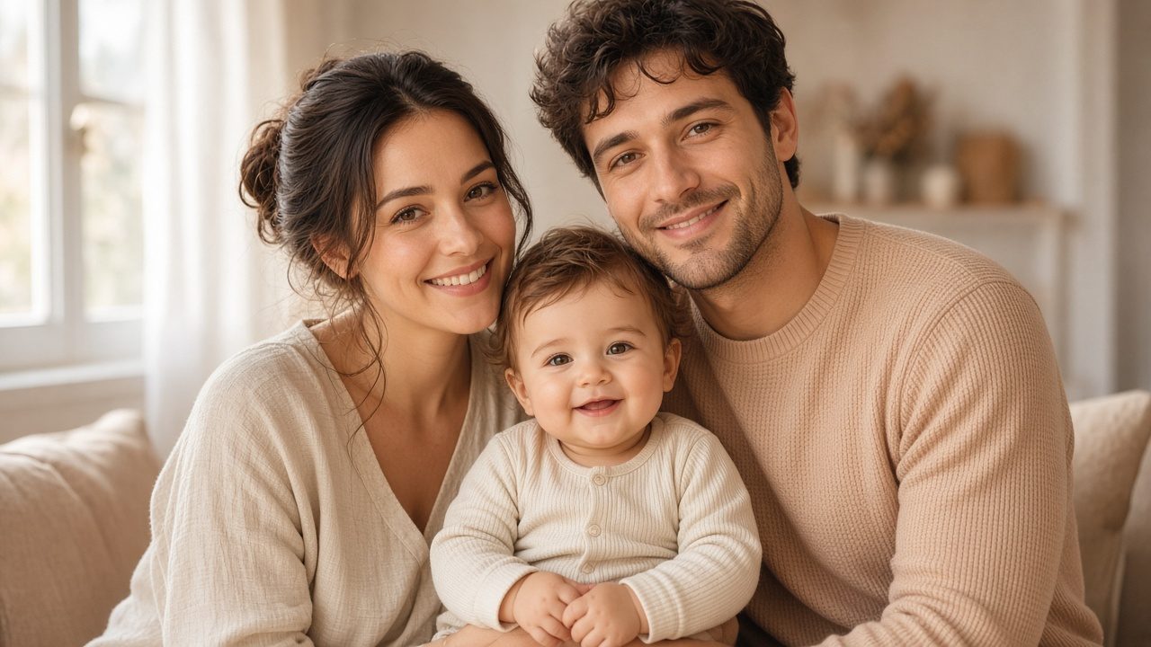 Parents and a smiling baby sitting together in a sunlit living room